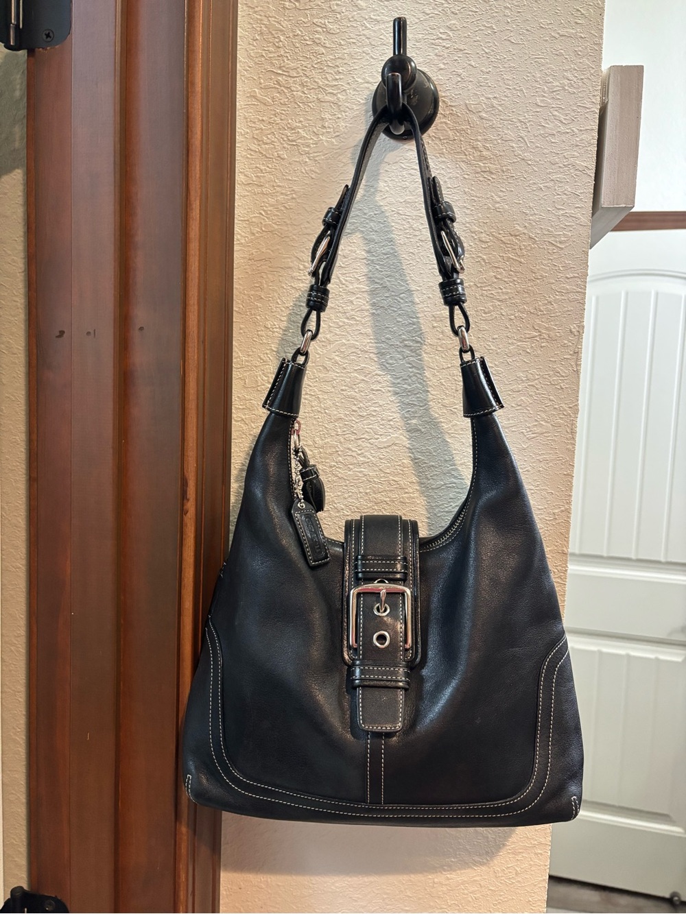 Vintage Coach Black Leather Hampton SoHo Hobo Bag with Front Buckle